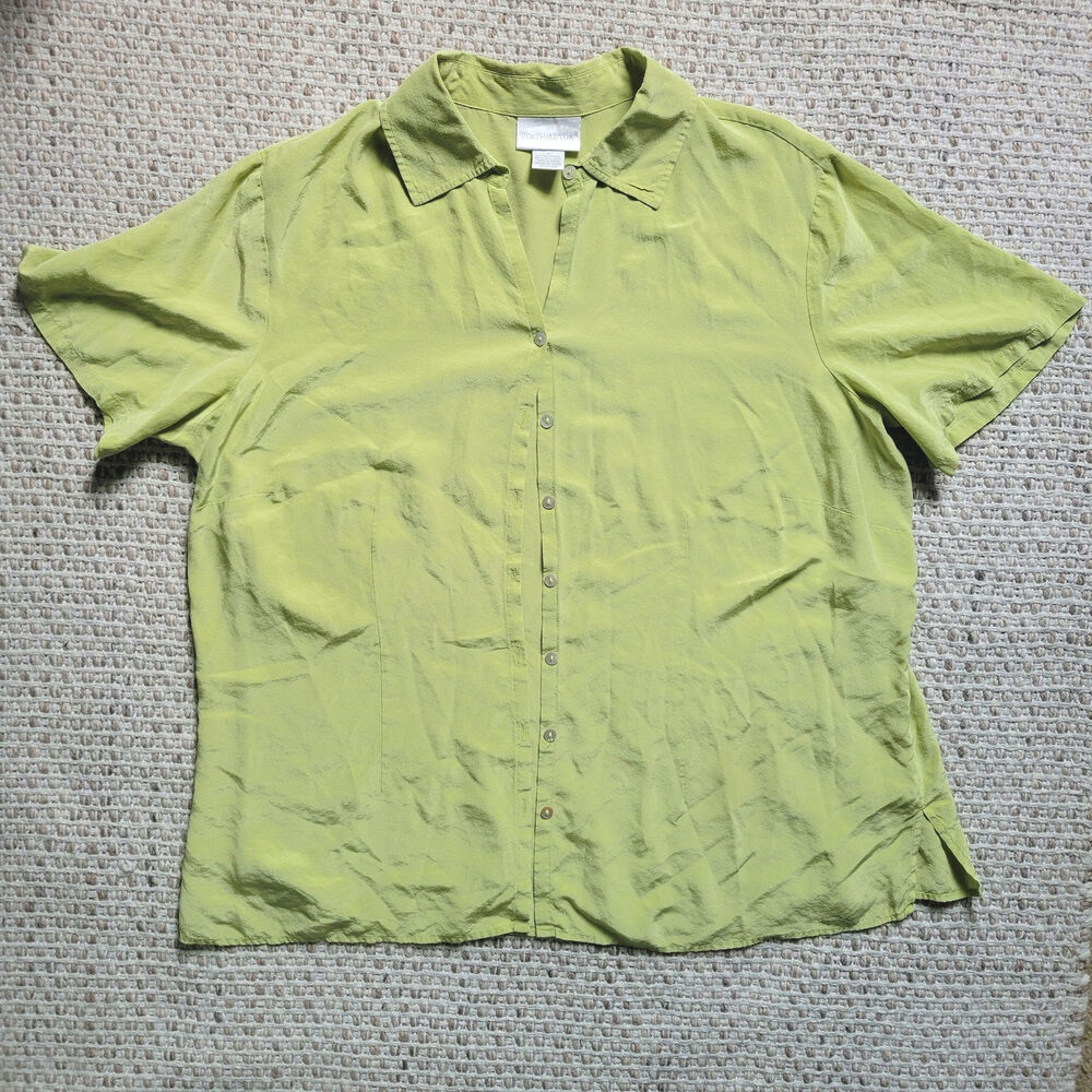 Vintage Y2K Worthington Shirt Womens 1X 100% Silk Lime Green Collared Button-up